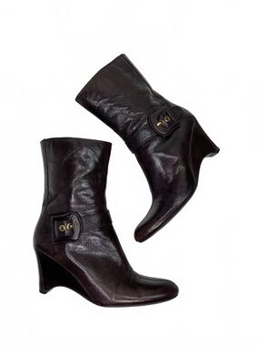 Bandolino Buckle Detail Dark Brown Wedge Boots